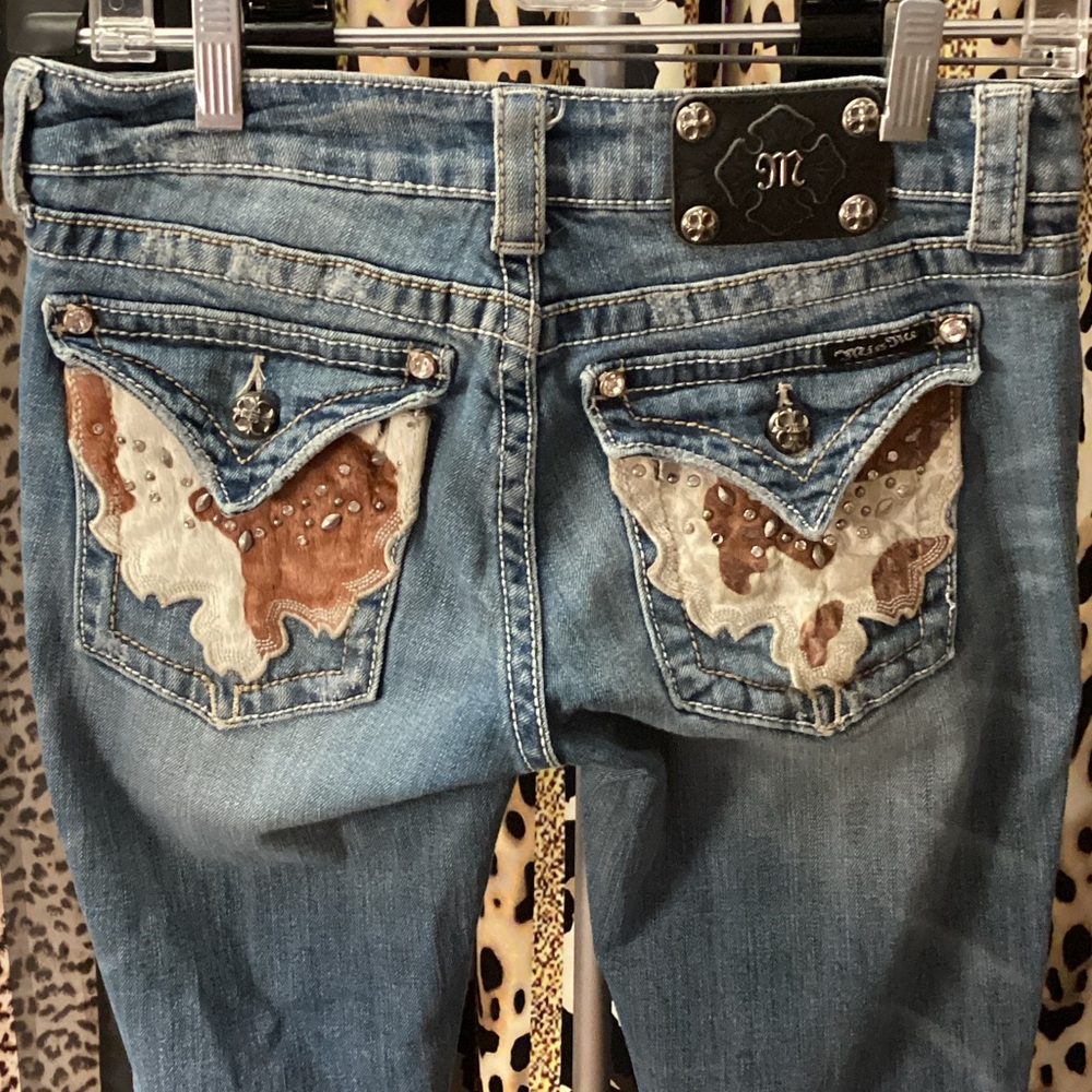 Miss Me Light Blue Denim Bootcut Jeans with Brown & Cream Butterfly Pockets